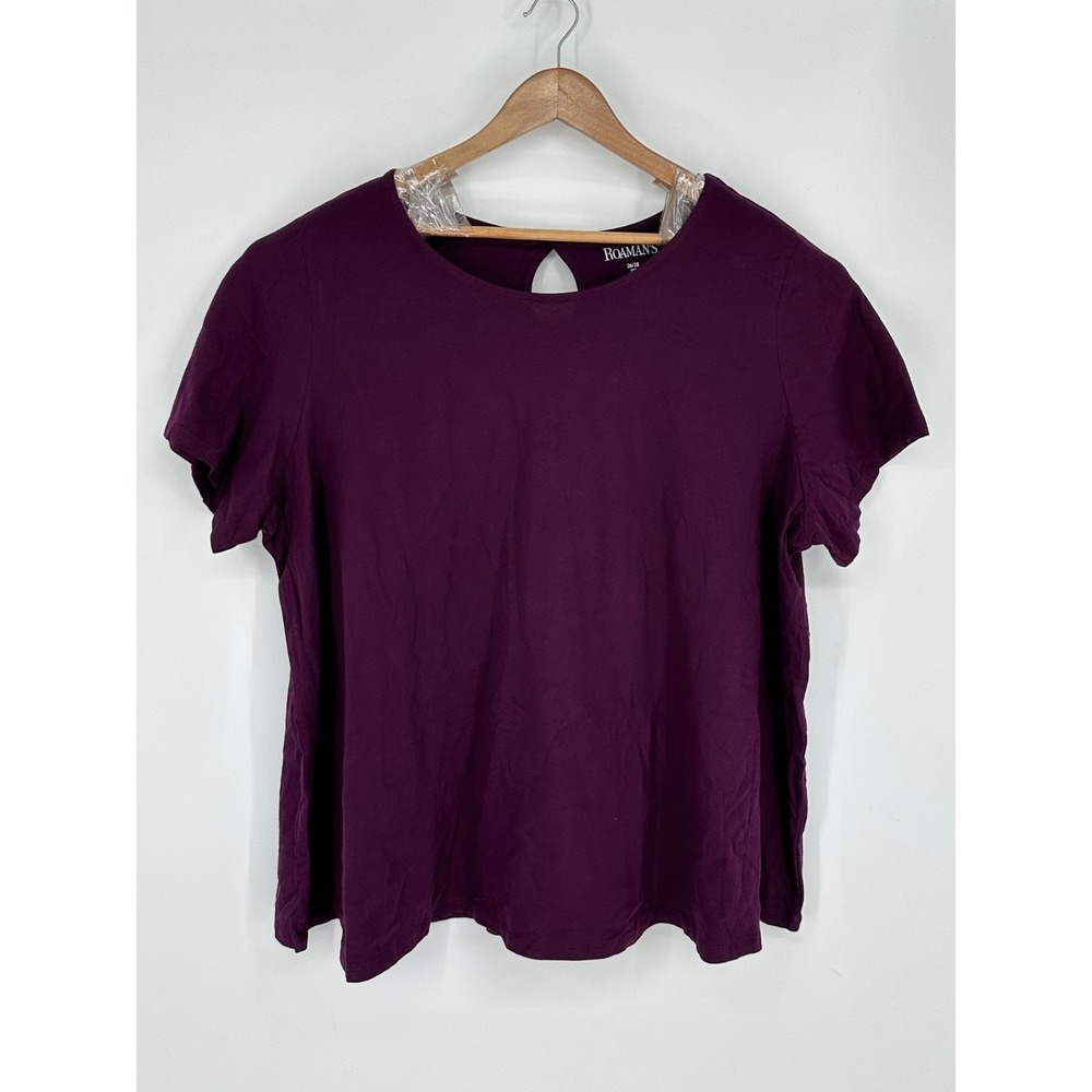 Roaman's Women's Sz 2X Plus Shirt Top Blouse Purple Short Sleeve 100% Cotton S3